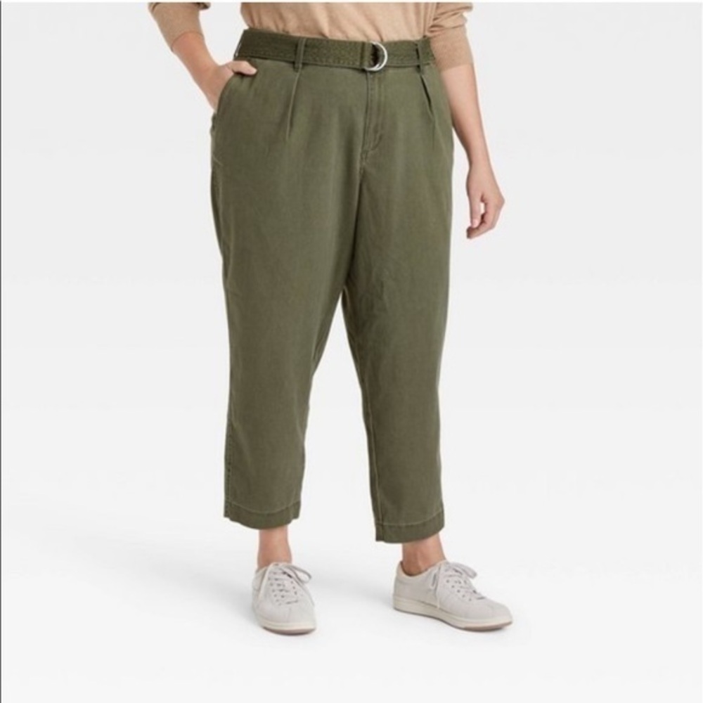 Torrid Plus size women’s paper bag olive green belted high rise pants 2